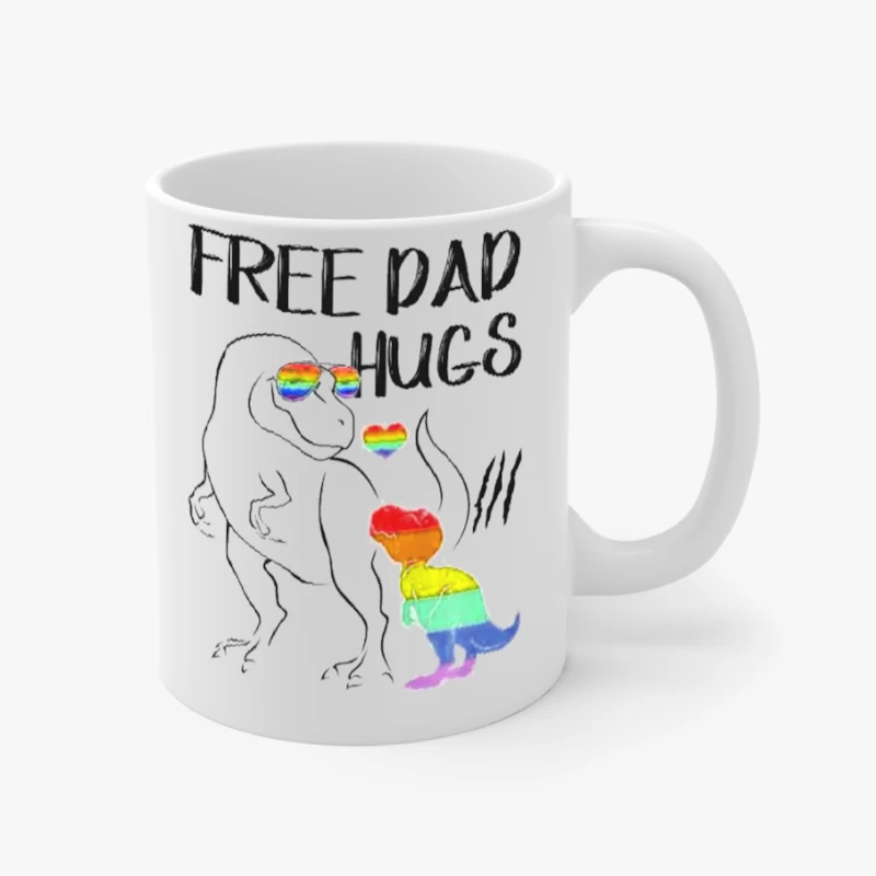 Free Dad Hugs, LGBT Pride Dad Dinosaur Rex- - Ceramic Coffee Cup, 11oz
