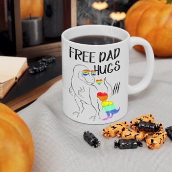 Free Dad Hugs Coffee Cup,  LGBT Pride Dad Dinosaur Rex Ceramic Coffee Cup, 11oz