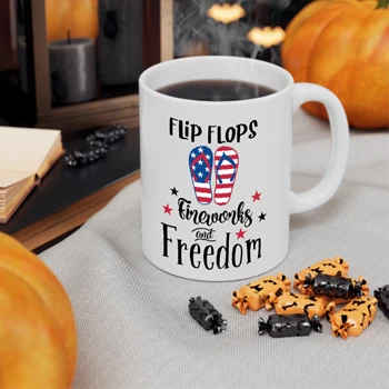 Flip Flops Fireworks And Freedom Design 4th Of July Design Coffee Cup, Independence Day Graphic Ceramic Cup, Fourth Of July Gift Cup, Patriotic Gift Coffee Cup,  God Bless America Ceramic Coffee Cup, 11oz