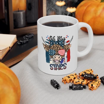 Oh My Stars Cow Shirt Coffee Cup, Highland Cow shirt Ceramic Cup, Highland Cow With 4th July Cup, American Flag Shirt Coffee Cup, Fourth Of July Tee Ceramic Cup,  Independence Day Ceramic Coffee Cup, 11oz