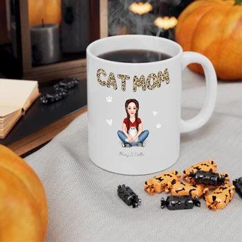 Cat Mom Pattern Real Woman Sitting With Fluffy Cat Personalized Ceramic Coffee Cup, 11oz