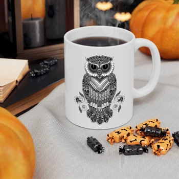 Night Owl Baseball Raglan Design Coffee Cup,  Geometric Tribal Graphic Ceramic Coffee Cup, 11oz