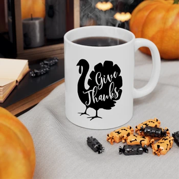 Give Thanks Long Sleeve Coffee Cup, Turkey Long Sleeve Ceramic Cup, Fall Cup, Thanks Giving Coffee Cup,  Cute Fall Ceramic Coffee Cup, 11oz