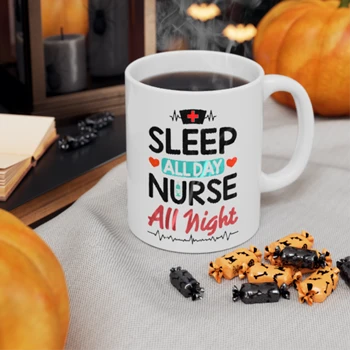 Nurse Clipart Coffee Cup, Nursing RN Medical Worker Graphic Ceramic Cup,  Sleep all day Nurse All night Ceramic Coffee Cup, 11oz