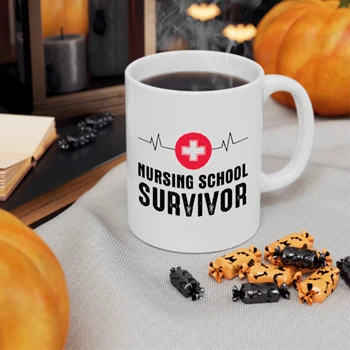 Nursing School Survivor Clipart Coffee Cup, Medical Nurse Graduation Student Ceramic Coffee Cup, 11oz