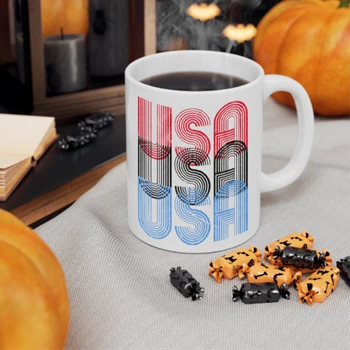 USA Funny Coffee Cup, Red White Blue Retro USA clipart Ceramic Cup,  Cool USA Graphic Designs Ceramic Coffee Cup, 11oz
