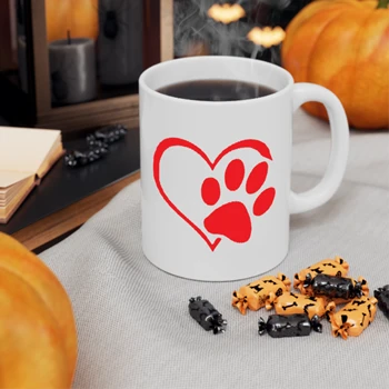 Paw Print Heart Coffee Cup, Paw Heart Clipart Ceramic Cup, Dog Cat Lovers Cup,  Animal Printed Design Ceramic Coffee Cup, 11oz