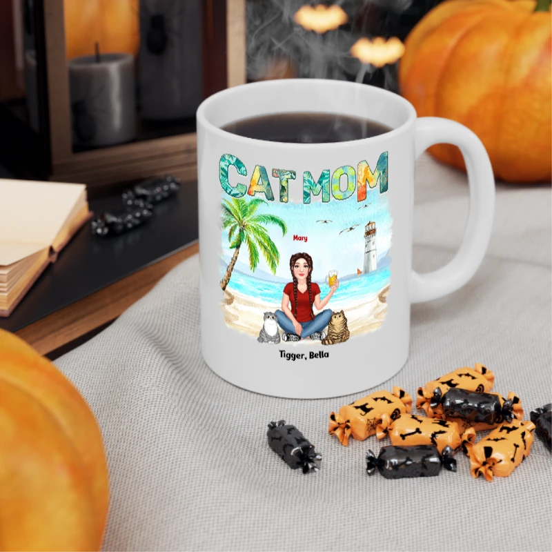 Woman Cat Mom Summer Beach Personalized, Cusomized Cat Mom Gift- - Ceramic Coffee Cup, 11oz