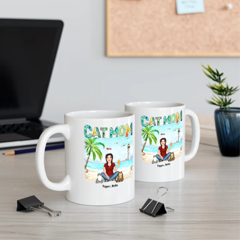 Woman Cat Mom Summer Beach Personalized, Cusomized Cat Mom Gift- - Ceramic Coffee Cup, 11oz